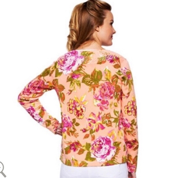 Isaac Mizrahi Crochet Neck Cottage Rose Cardigan - Picture 4 of 7